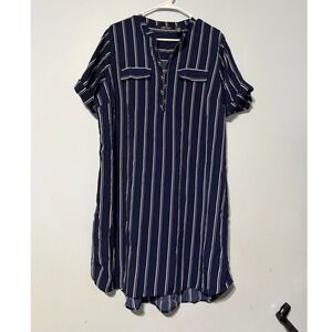 Millenium 1X Navy Blue White Striped Zip Front Shirt Dress Short Sleeve High Low